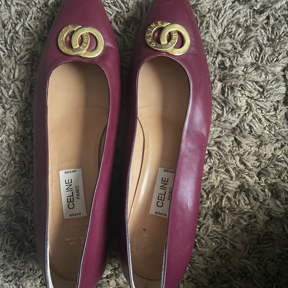 Celine Women's Maroon Leather Loafers with Gold Accent